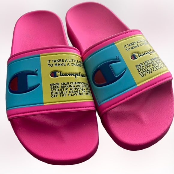 NWOT Champion Super Slide Split Script Neon Pink, Yellow & Blue SZ 6 - Picture 2 of 8